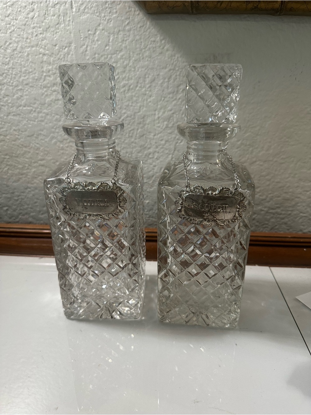 Cut Glass Square Decanters with Silver Labels - Clear Crystal